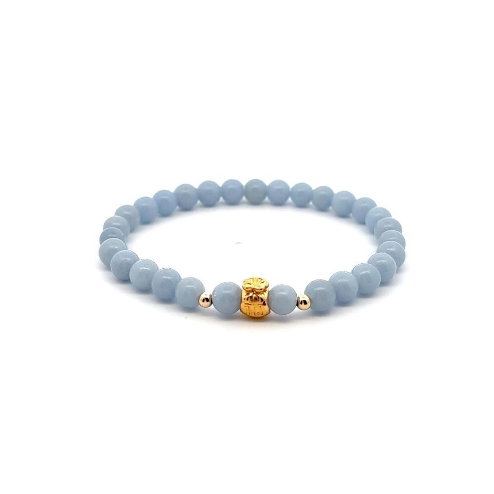 18K Gold Money Bag Lucky Charm Beads Bracelet Gemstones Natural Angelite 6mm